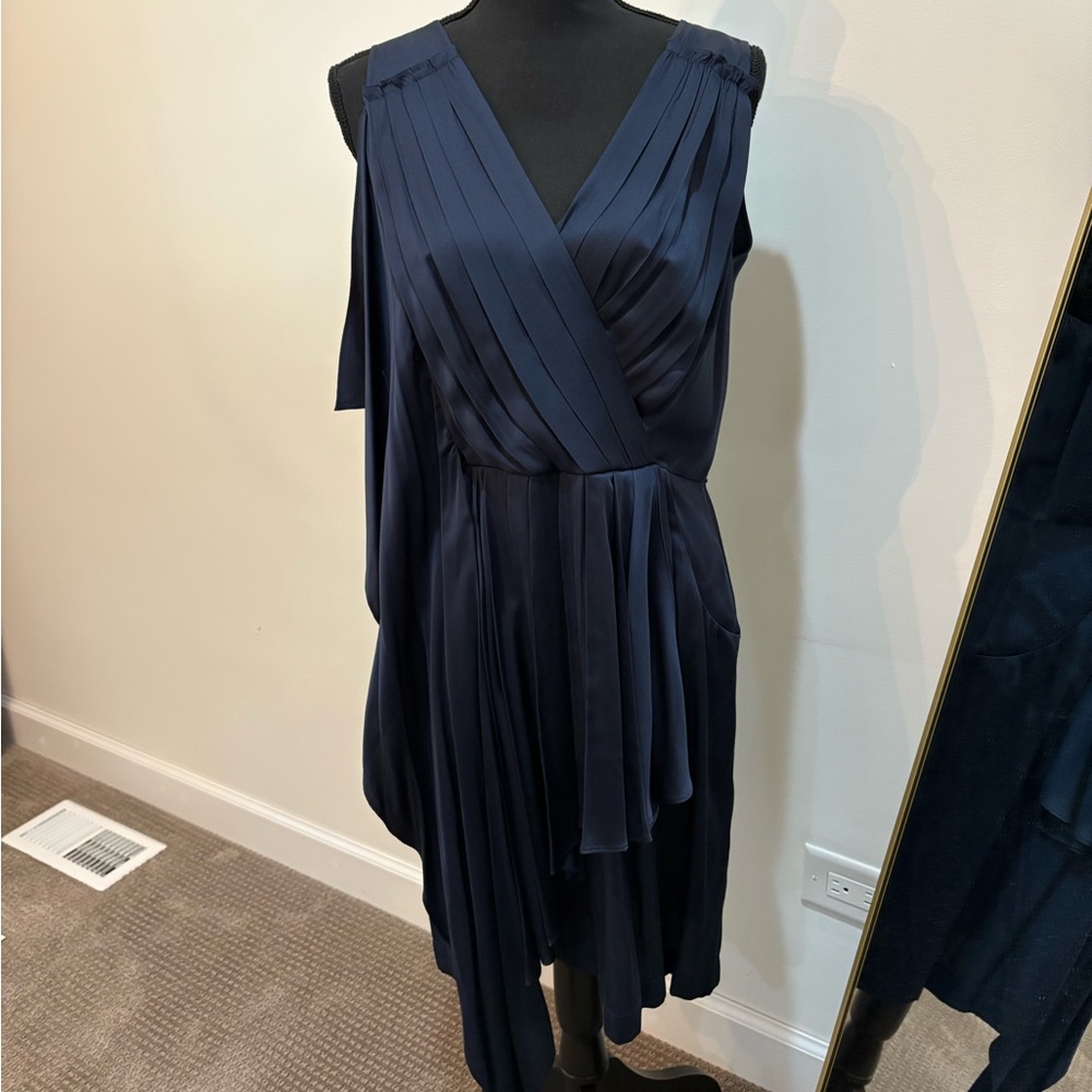 BCBGMaxAzria Pleated Goddess Draped Navy Dress